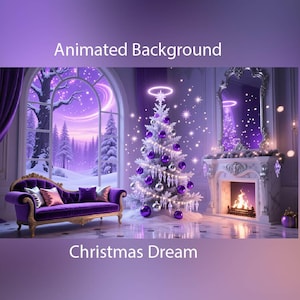 Può includere: Un'illustrazione digitale di una scena natalizia con uno schema di colori viola. Un albero di Natale decorato con ornamenti viola e un camino con un fuoco acceso sono nella stanza. Il testo "Animated Background" e "Christmas Dream" sono visibili.