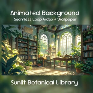 Op de afbeelding: Illustratie van een zonnige botanische bibliotheek met grote boogvensters, boekenkasten en weelderig groen. De afbeelding bevat de tekst "Animated Background, Seamless Loop Video + Wallpaper" en "Sunlit Botanical Library."