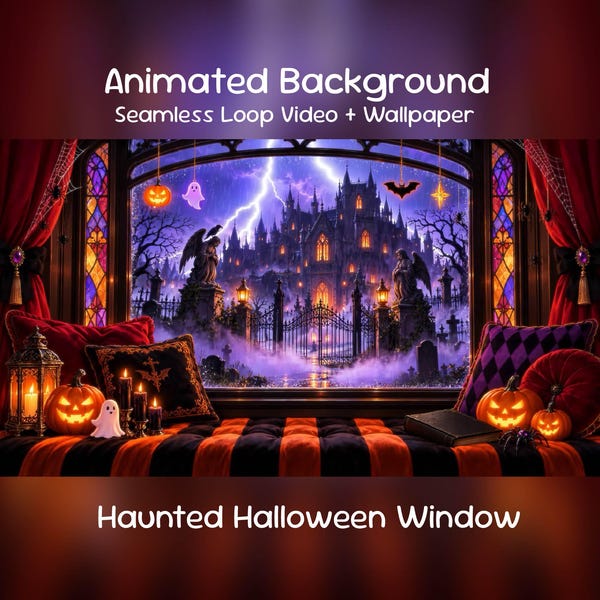 Haunted Halloween Window Anime Animated Background| Stormy Gothic Rain, Twitch Overlay, VTuber Stream