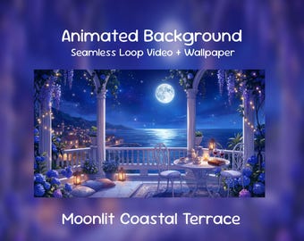 Fondo animado de anime/ Terraza costera iluminada por la luna, Balcón oceánico de medianoche, Mar celestial, Lofi, Superposición de Twitch, Transmisión de VTuber