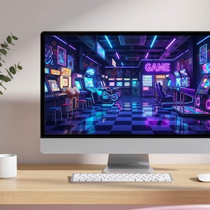May include: A desktop computer displays a vibrant illustration of a retro arcade. The scene is filled with neon lights, arcade machines, and a checkered floor. A white keyboard, mouse, and a coffee mug are on the wooden desk.