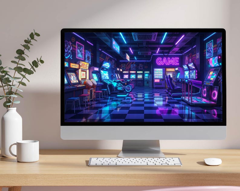 May include: A desktop computer displays a vibrant illustration of a retro arcade. The scene is filled with neon lights, arcade machines, and a checkered floor. A white keyboard, mouse, and a coffee mug are on the wooden desk.