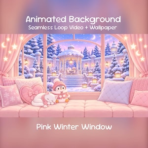 Könnte beinhalten: Ein animierter Hintergrund mit einem rosa Winterfenster, einer gemütlichen Bank, einer schlafenden weißen Katze und einem Pinguin-Plüschtier. Text: Animated Background, Seamless Loop Video + Wallpaper, Pink Winter Window. Blick auf einen verschneiten Pavillon.