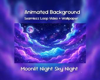 Moonlit Night Sky Anime Animated Background| Purple Clouds Stars, , Galaxy Twilight, Twitch Overlay, VTuber Stream
