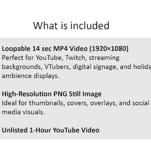 May include: A digital product description with the title "What is included". The text lists a loopable 14-second MP4 video, a high-resolution PNG still image, and an unlisted 1-hour YouTube video.