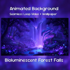 Può includere: Illustrazione digitale di una foresta bioluminescente con cascate, alberi e flora luminosa. L'immagine è un video in loop continuo e uno sfondo. Il testo recita "Animated Background" e "Bioluminescent Forest Falls."