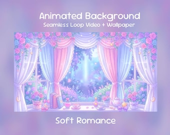Fondo animado de anime con ventana en tonos pastel suaves: Ventana de dormitorio nocturno, Dulce San Valentín, Amor de pétalos, Superposición de Twitch, Transmisión de VTuber