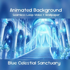以下が含まれることがあります： 青い天上の聖域を描いたアニメーションデジタルアート。画像は、流れるカーテンのあるドーム型の構造につながる大きな階段を示しています。シーンは、輝くクリスタル、吊り下げられたランタン、フローラルアクセントで飾られています。