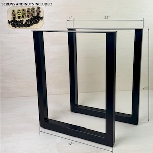 May include: Two black metal table legs with a square shape. The legs are 22 inches wide, 28 inches tall, and 4 inches deep. Screws and nuts are included.