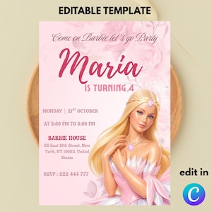 Editable Barbie Birthday Invitation Template: Pink Party (5x7, Digital Download)