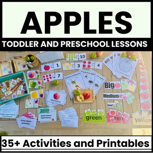 May include: A collection of educational materials for toddlers and preschoolers, featuring the word "APPLES" at the top. Includes flashcards, apple-themed activities, and the text "35+ Activities and Printables". Various apple illustrations and learning aids are visible.