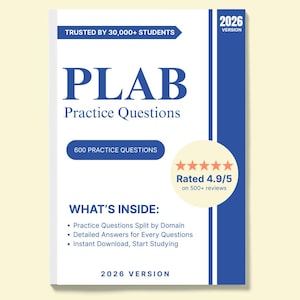 Puede incluir: Una portada de libro blanca con el título "PLAB Practice Questions" en azul. La portada incluye el texto "Trusted by 30,000+ Students" y "600 Practice Questions". También presenta una calificación de 4.9/5 estrellas y enumera lo que contiene. Se indica la versión 2026.