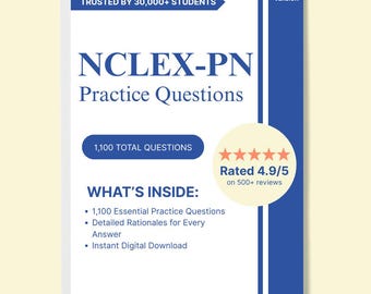 NCLEX-PN Practice Questions – 1,100 Exam-Style Questions with Detailed Rationales (2025–2026) | Digital Download
