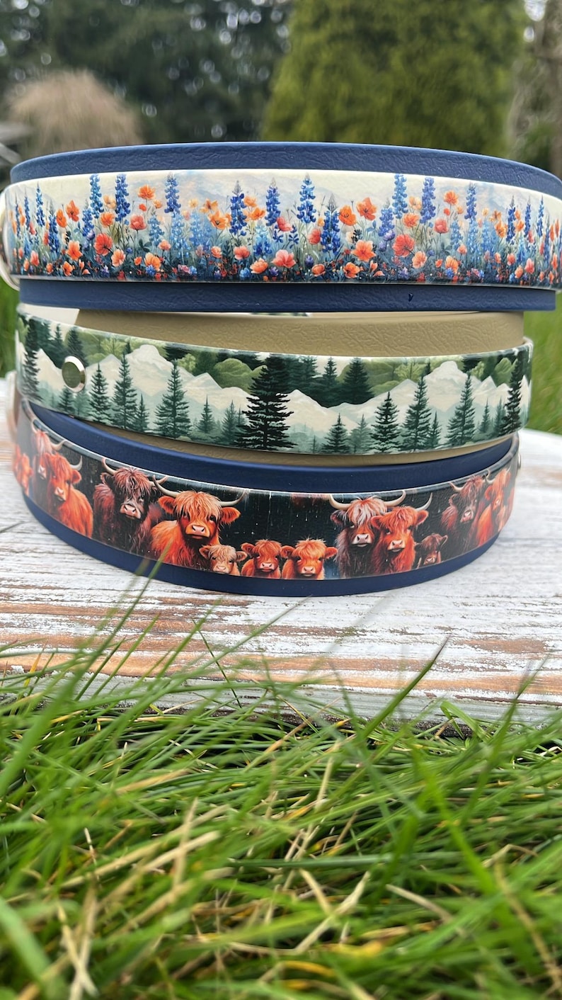 K&ouml;nnte beinhalten: Drei verschiedene Hundehalsb&auml;nder mit bunten Designs. Das obere Halsband hat einen blauen Hintergrund mit einem floralen Muster aus orangefarbenen und blauen Blumen. Das mittlere Halsband hat einen beigefarbenen Hintergrund mit einer Waldszene aus gr&uuml;nen B&auml;umen und wei&szlig;en schneebedeckten Bergen. Das untere Halsband hat einen blauen Hintergrund mit einem Muster aus braunen und wei&szlig;en Highland-K&uuml;hen.