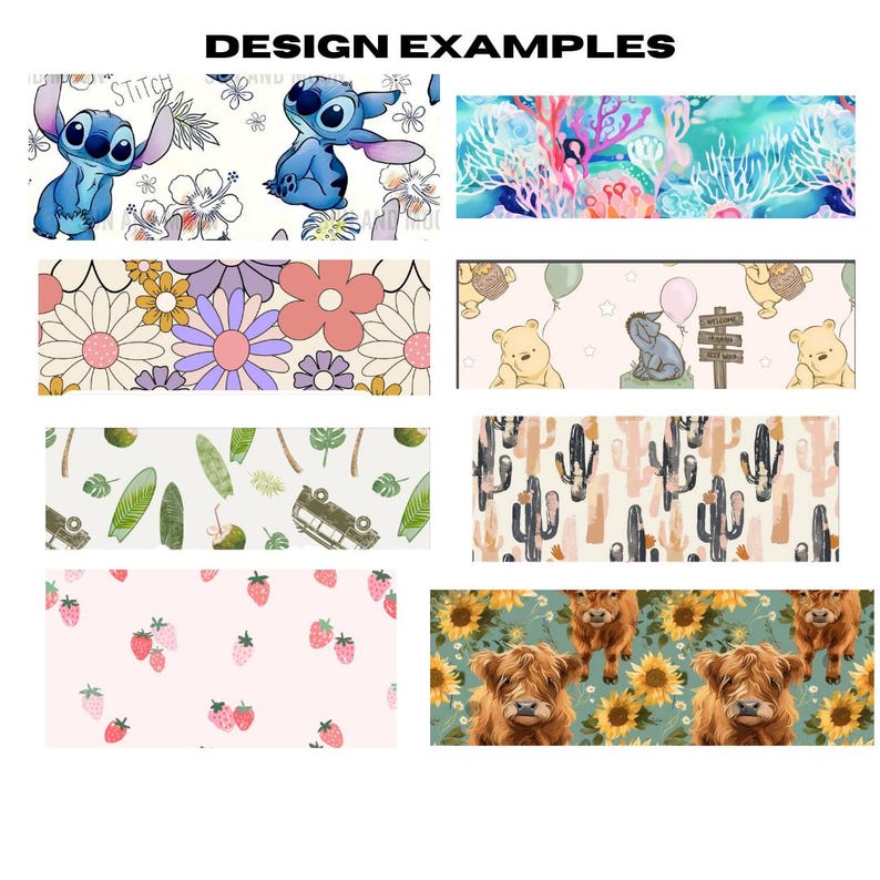 K&ouml;nnte beinhalten: Eine Sammlung farbenfroher Muster mit verschiedenen Designs, darunter Comicfiguren, Blumen, Kakteen, Erdbeeren und Nutztiere. Diese Muster eignen sich perfekt f&uuml;r die Erstellung einzigartiger und personalisierter Artikel.