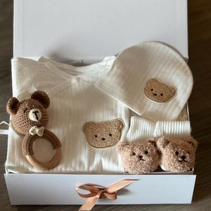 Teddy Bear Baby Gift Set, 100% Cotton Bodysuit, Crochet Rattle