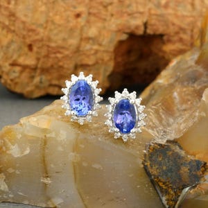 1 Carat Natural Tanzanite Stud Earrings, Tanzanite Halo Moissanite Studs, Solid 14k White Gold Post Earring Studs, Women Solitaire Earrings
