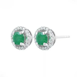 Real Emerald Halo Moissanite Round Stud Minimalist Earrings in 14k White Gold, 4mm Round Cut Emerald Studs Earrings For Women Gifted Item