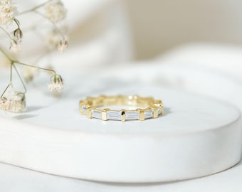 Moissanite Baguette Eternity Band in 14k Gold Plated Silver Bar Setting Moissanite Band, Stacking Baguette Band Ring, Handmade Wedding Band