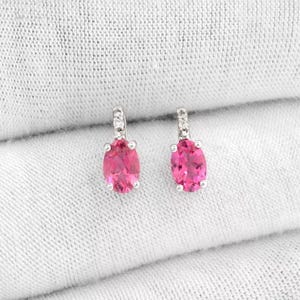 Natural Pink Tourmaline 6x4mm Oval Cut Earrings, 14k White Solid Tourmaline With Moissanite Earrings, Pink Tourmaline Oval Dangle Earrings
