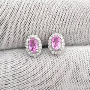 Natural Pink Sapphire With Moissanite Halo Earrings, 14k Solid White Gold Sapphire Halo Studs Earrings For Women, Sapphire 5x3mm Oval Studs