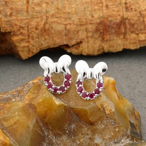 14k White Gold Mickey Studs Earrings, 2mm Round Cut Red Ruby Pave Studs, Disney Inspired Studs Earrings, Jewelry Gift For Child Earrings