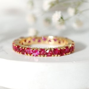 Ruby CZ Heart Shape Full Eternity Band, 925 Sterling Silver Handmade Prong Set Eternity Band, Stacking Ruby Ring, Wedding Band For Bridal