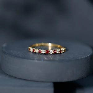 Red Ruby CZ White Moissanite Half Eternity Band, 2.00mm Round Cut Ruby Band, Moissanite Band Ring, Prong Set Eternity Band For Women Gift