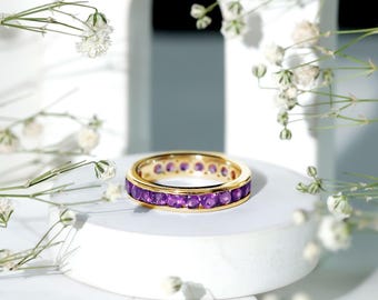 Purple Amethyst CZ Eternity Band, Handmade Channel Setting Band Ring, 925 Sterling Silver QuartzJewelry