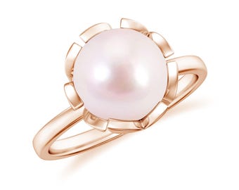 Akoya Pearl Ring In 925 Sterling Silver Pink Pearl Ring, Leaf Design Prong Set Wedding Band, Handmade Pearl Solitaire Ring, Statement Ring