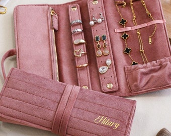 Custom Velvet Jewelry Rolls, Bridesmaid Gift, Custom Suede Jewelry Roll, Monogram Travel Jewelry Organizer
