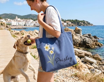 Personalized Corduroy Tote Bag, Birth Flower Tote Bag, Custom Name Totes, Capacity Zippered Bag, Bridesmaid Gift Bag, Mother's Day Gift