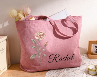 Personalized Corduroy Tote Bag, Custom Name And Birth Flower Totes, Zippered Capacity Bag, Bridesmaid Gift