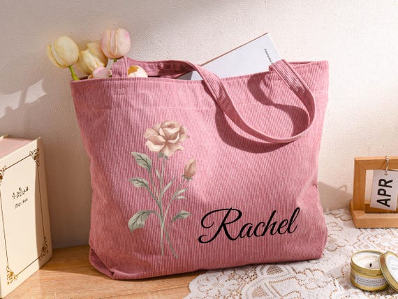 Personalized Corduroy Tote Bag, Custom Name And Birth Flower Totes, Zippered Capacity Bag, Bridesmaid Gift