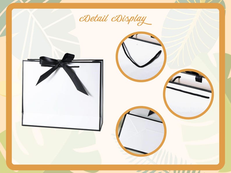 May include: White gift bag with a black border and a black satin ribbon bow. The bag has black handles and a black lining. The bag is shown in detail with close-up images of the handles, lining, and bow.
