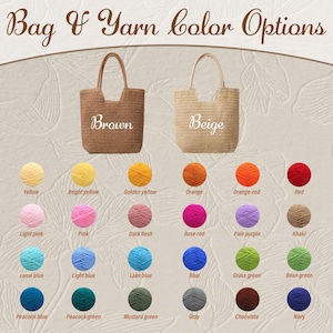 May include: Two woven tote bags in brown and beige with text labels, displayed above a grid of thirty-two yarn balls in various colors including white, yellow, orange, red, pink, blue, green, gray, brown, and black with corresponding labels.