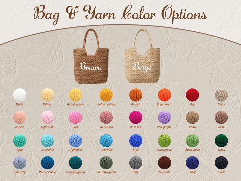 May include: Two woven tote bags in brown and beige with text labels, displayed above a grid of thirty-two yarn balls in various colors including white, yellow, orange, red, pink, blue, green, gray, brown, and black with corresponding labels.