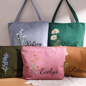 Bolso de pana personalizado, bolsos con nombre y flor de nacimiento personalizados, bolso con cremallera de gran capacidad, regalo para damas de honor imagen 10