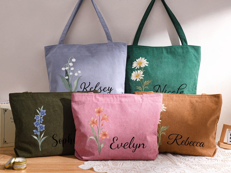 Bolso de pana personalizado, bolsos con nombre y flor de nacimiento personalizados, bolso con cremallera de gran capacidad, regalo para damas de honor imagen 10