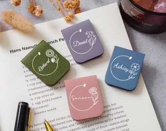 Personalized Magnetic Bookmark, Leather Birth Flower Bookmark, Name Library Bookmark, Book lover gift