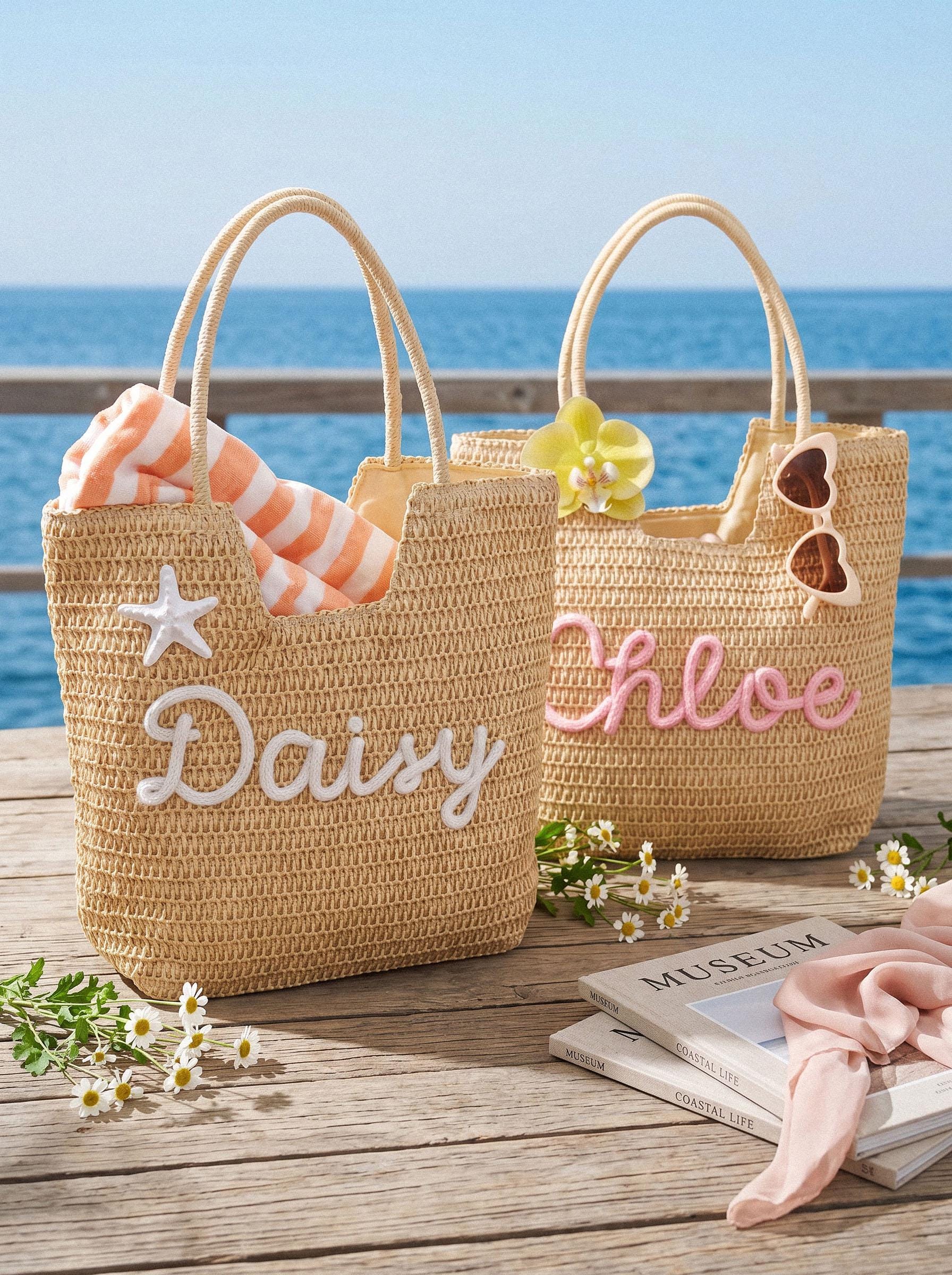 Personalized Straw Beach Tote, Bridesmaid Tote Bags, Monogrammed Travel Beach Bag, Girls Trip Pool Bag, Bachelorette Party Favors