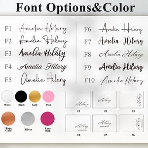 May include: Image showcasing font and color options for personalized items. Features ten font styles with the name "Amelia Hilary" and a color palette including white, black, gold, pink, rose gold, silver, and rose pink. Also includes examples of text layouts.