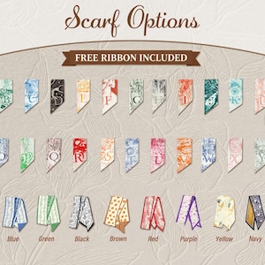 May include: A chart titled Scarf Options featuring a Free Ribbon Included banner. It displays twenty-six rectangular fabric swatches labeled A through Z with various intricate patterns and colors, plus ten folded ribbon samples labeled by color.