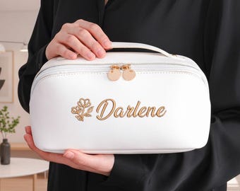 Personalized Leather Embroidered Makeup Bag,Large Capacity Cosmetic Bag, Bridesmaid Makeup Bag, Custom Makeup Organizer, Travel Makeup Bag