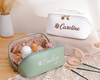 Personalized Leather Embroidered Makeup Bag, Large Capacity Cosmetic Bag, Christmas Gifts, Makeup Organizer, Bridesmaid Gifts, Gift for her