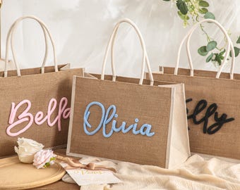 Bolsa de arpillera personalizada con dije, bolsas de regalo para damas de honor, bolsas de arpillera personalizadas, bolsa de playa con monograma, bolsa para despedida de soltera, bolsa de yute