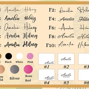May include: A set of six place cards with the names Amelia and Hilary written in cursive. The place cards are numbered 1 through 6. The place cards are available in six colours: gold, black, white, pink, rose gold, and silver.