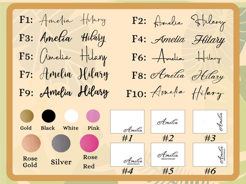 May include: A set of six place cards with the names Amelia and Hilary written in cursive. The place cards are numbered 1 through 6. The place cards are available in six colours: gold, black, white, pink, rose gold, and silver.