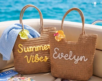 Personalized Straw Beach Tote, Handwoven Summer Pool Bag, Custom Name Bridesmaid Gifts, Bachelorette Party Favors