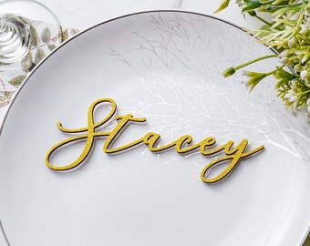 Personalized Acrylic Wedding Place Card, Custom Name Plates for Wedding , Gold Wood Names , Table Decor Luxury Wedding, Laser Cut Names Tags